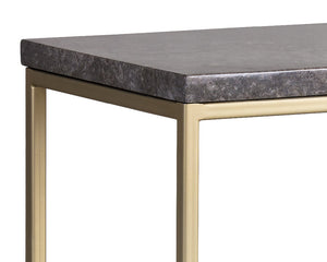 Sunpan Arden Console Table – Rustic Grey Marble Top with Oak Shelves & Gold Iron Frame – Modern Elegance