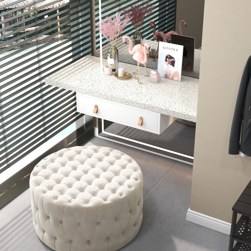 English Elm HOMCOM Velvet-Feel Round Ottoman 31.5" — Button-Tufted Padded Seat, Versatile Footstool & Coffee Table (Beige) W2225P229103