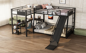 English Elm L-shaped Metal Triple Bunk Bed with Slide Desk Shelves Sleep Study Play Zone W1580S00280