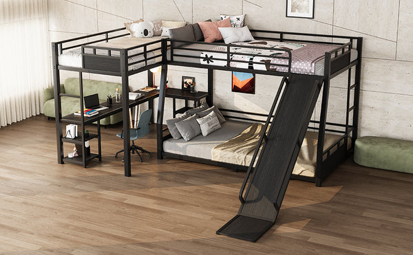 English Elm L-shaped Metal Triple Bunk Bed with Slide Desk Shelves Sleep Study Play Zone W1580S00280