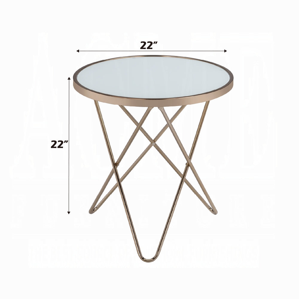 English Elm 1pc Mid-Century End Table with Frosted Round Glass Top and Sleek Metallic Frame, 22" Square Champagne 24.5 L x 33.5 W x 5 H B2741P332643