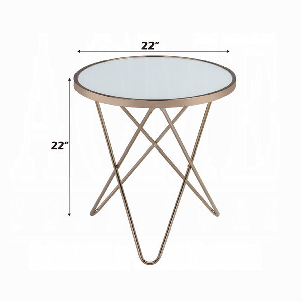 English Elm 1pc Mid-Century End Table with Frosted Round Glass Top and Sleek Metallic Frame, 22" Square Champagne 24.5 L x 33.5 W x 5 H B2741P332643