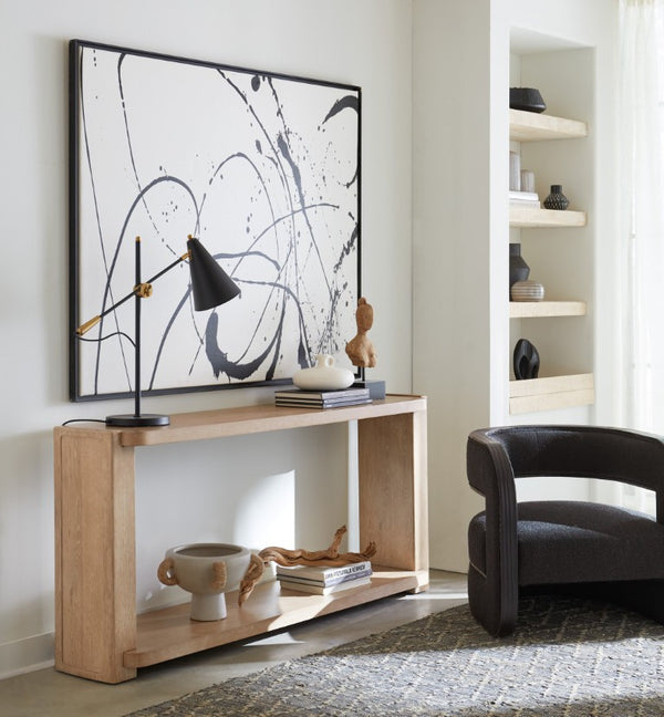 Hooker Furniture Retreat Sand Dune Console Table With Interlocking Block Legs, Oak Veneer Grain & Lower Shelf (69.25") 6950-80451-80