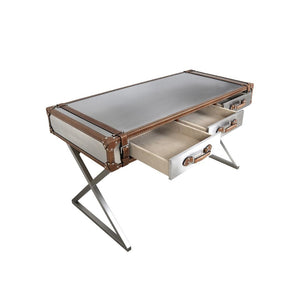 Pasargad Home Brookline Steel & Leather Writing Desk - Elegant, Durable Design For Modern Workspaces Brown Stainless Desk-0092