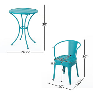 English Elm Colmar Outdoor Iron Bistro Set Powder Coated Slatted Armchairs Round Patio Table Teal 56558.00MCT