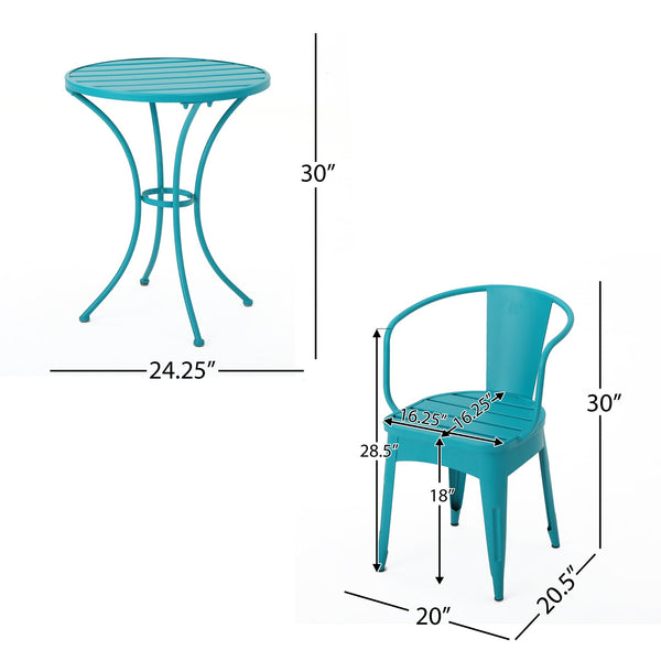 English Elm Colmar Outdoor Iron Bistro Set Powder Coated Slatted Armchairs Round Patio Table Teal 56558.00MCT