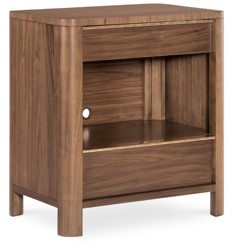 Hooker Furniture Eleana Walnut Two-Drawer Nightstand With Integrated Charging, Sunlit Bronze Hardware, Soft Rounded Edges 7252-90116-85