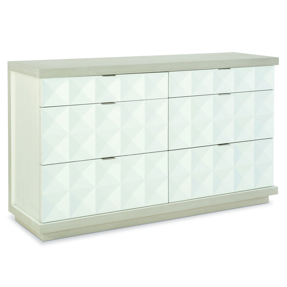 Bernhardt Bernhardt Axiom Patterned Dresser With 3-D Inverted Pyramid Drawers, Dual-Tone Plaster Finish, 6-Drawer Glam Transitional Storage 381056
