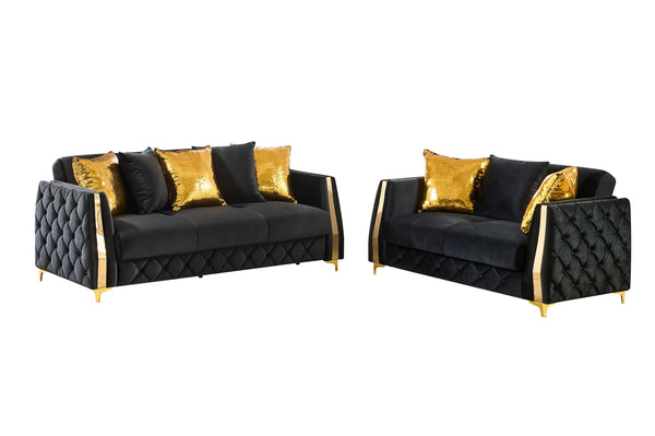 English Elm Lippa 2 Piece Quilted Polyester Sofa Set with Gold Steel Legs for Modern Living Black B009S02235