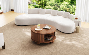 English Elm Round Fluted Pine Wood Coffee Table with Hidden Sliding Door Storage for Living Room Walnut N735P369879D