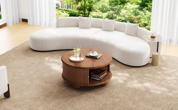 English Elm Round Fluted Pine Wood Coffee Table with Hidden Sliding Door Storage for Living Room Walnut N735P369879D