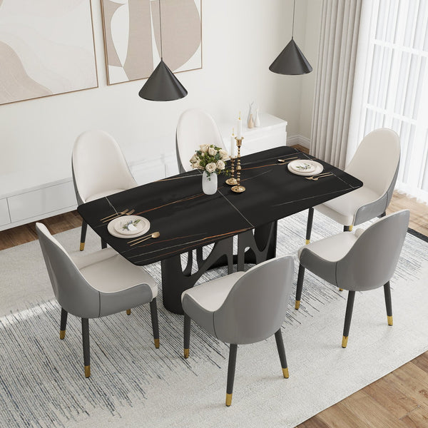 English Elm 70.86" Modern Sintered Stone Dining Table With Curved Black Top & Sturdy Iron Legs For 6-8 People W1535S00429
