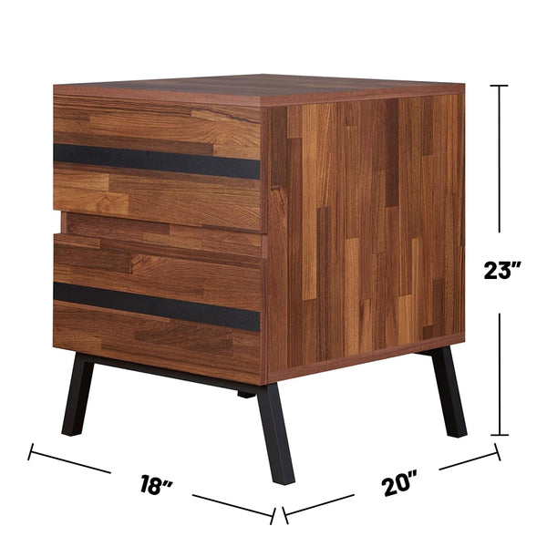 English Elm 2 Drawer Nightstand Walnut Veneer with Sandy Black Metal Sloped Legs, Sleek Storage & Timeless Style B016P311063