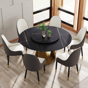 English Elm 59.05" Round Marble Dining Table With Bronze Iron Base & 31.5" Turntable For 6-8 People, Black Elegance W1535S00414