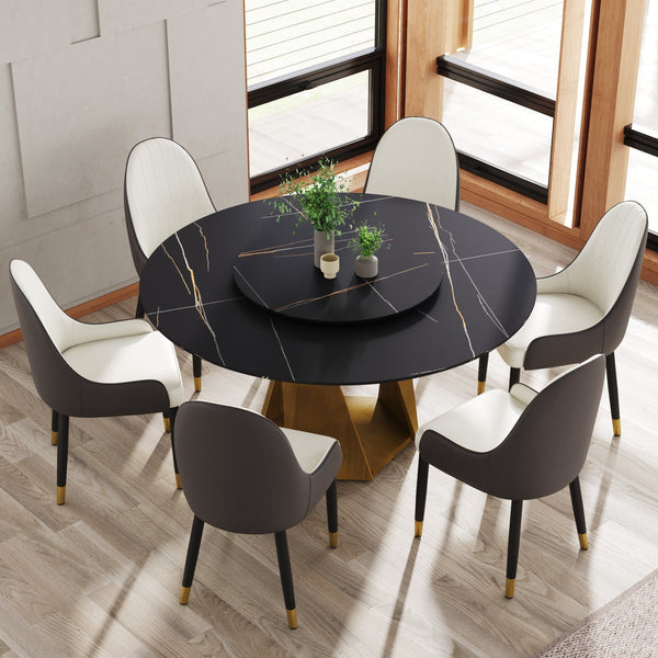 English Elm 59.05" Round Marble Dining Table With Bronze Iron Base & 31.5" Turntable For 6-8 People, Black Elegance W1535S00414