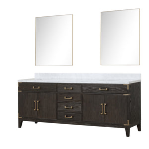 English Elm Brown Oak Double Bath Vanity With Carrara Marble Top, Generous Storage & Elegant 36" Mirrors B2731S01622