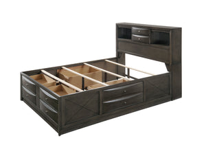 English Elm Gray King Storage Platform Captain's Bed with Bookcase Headboard, Deep Drawers, Silver Hardware, Solid Wood B2741S00613