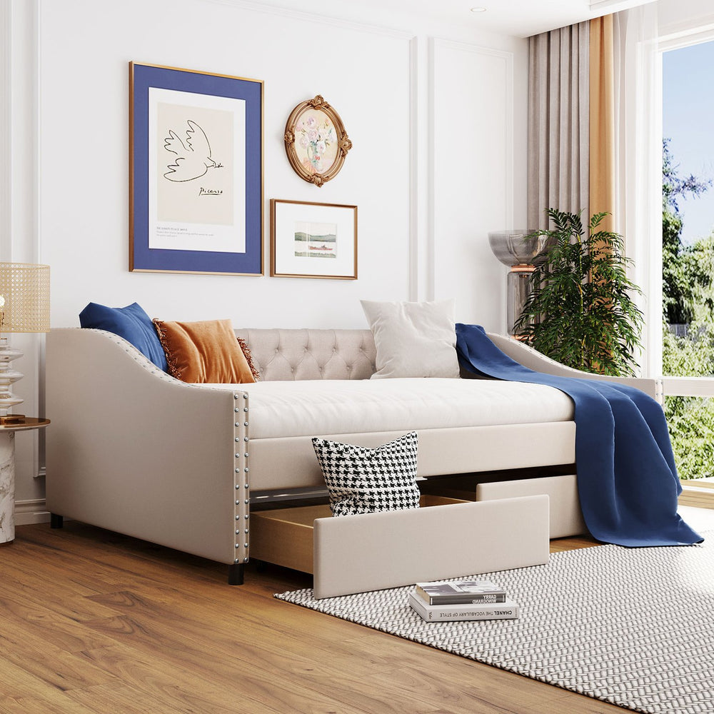 English Elm Upholstered Full Daybed with Linen Tufted Back Rivet Arms and Two Storage Drawers LP002111AAA