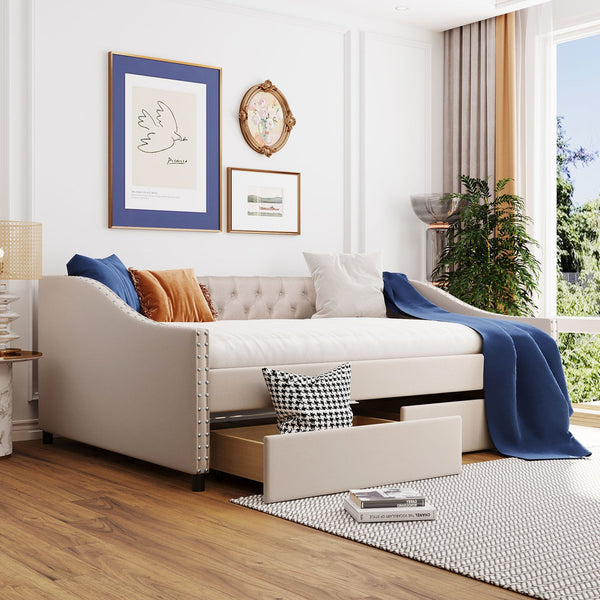 English Elm Upholstered Full Daybed with Linen Tufted Back Rivet Arms and Two Storage Drawers LP002111AAA
