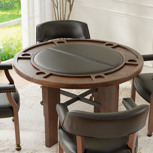 English Elm Gorman Walnut Game Table Set Faux Leather Chairs Nailhead Trim Mid-century Den B050S00039