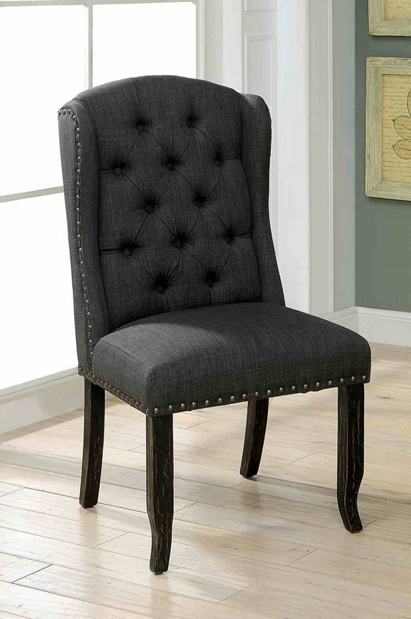 English Elm Rustic Wingback Side Chair Set - Button Tufted With Nailhead Trim, Antique Black & Gray Finish B2741P408898-GIGA