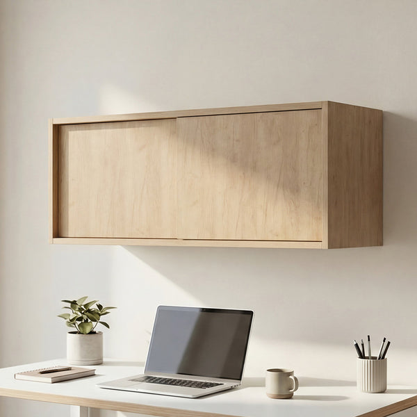 English Elm Note Floating Wall Cabinet with Sliding Doors Slim Mounted Storage for Any Room Natural Wood B070P462899