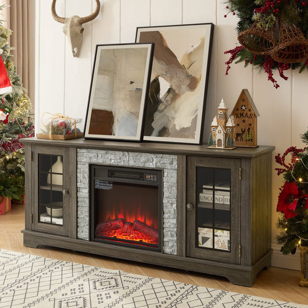English Elm 58" Modern TV Stand with 18" Electric Fireplace, Faux Stone Mantel, Ample Storage & Cable Management for Living Room Comfort and Style Grey W2275S00027