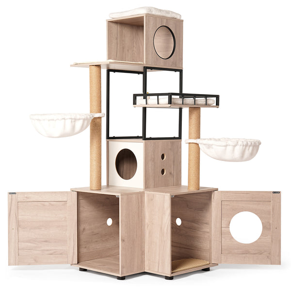 English Elm 63" Rustic Gray Cat Tower with Hidden Litter Enclosure Sisal Posts and Washable Perch W1687P304383
