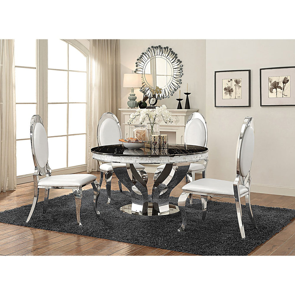 English Elm Rory Cream White & Chrome 5-Piece Dining Set with Oval Padded Backs, Split-Stem Black Glitz Table Design B062S00881