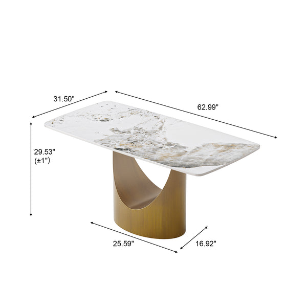 English Elm 63" Modern Artificial Stone Dining Table With Curved Design, Bronze Legs & Integrated Lazy Susan W1535S00551