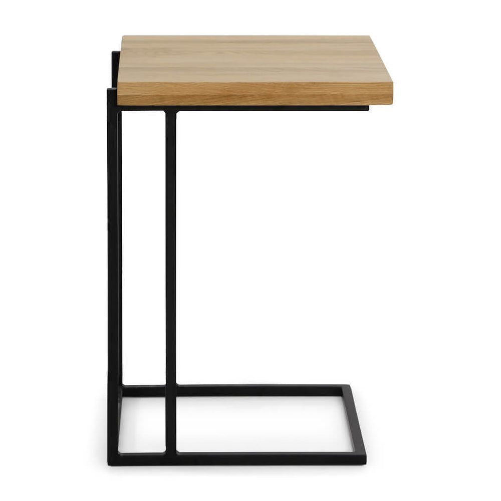 English Elm Luka Oak C-Side Table Small — Solid Oak Soap-Finish Top with Black Metal Frame, Sleek Sofa Slide-In (21x14x28) B353P370419