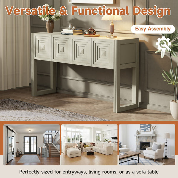 English Elm [video] Art Deco Console Table Geometric Carved Fronts Fluted Legs 3 Soft-close Drawers Natural N759P433572N