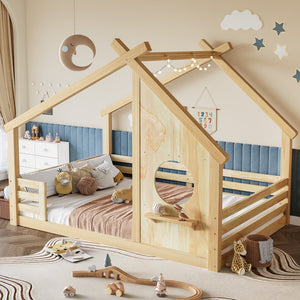 English Elm Twin House Bed Low Profile Pine Wood Frame with Shelf Montessori Kids Floor Sleeping Natural W5305P429645