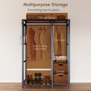 English Elm Acacia Wood Garment Rack with Shelves, 2 Wicker Drawers, 4 Hooks, Steel Frame, Rustic Organizing Solution W2391P289978