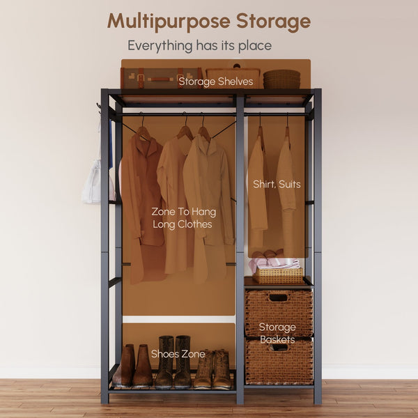 English Elm Acacia Wood Garment Rack with Shelves, 2 Wicker Drawers, 4 Hooks, Steel Frame, Rustic Organizing Solution W2391P289978