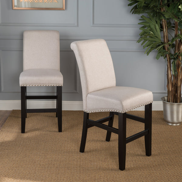 English Elm Christopher Knight Home® - 25" Contemporary Upholstered Counter Stools with Nailhead Trim, Wheat Fabric, Black Legs, Foam Comfort (Set of 2) N780P278314B