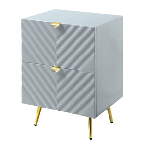 English Elm Grey High Gloss Wave Nightstand with Gold Accents, 2 Drawers, Metal Legs — Modern Textured Storage B062P186417
