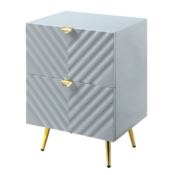 English Elm Grey High Gloss Wave Nightstand with Gold Accents, 2 Drawers, Metal Legs — Modern Textured Storage B062P186417