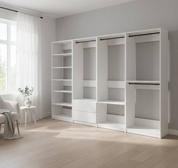 English Elm Prosper White Freestanding Walk-In Wood Closet System with Oak Finish, Ample Modular Storage & Easy Assembly B040S00147