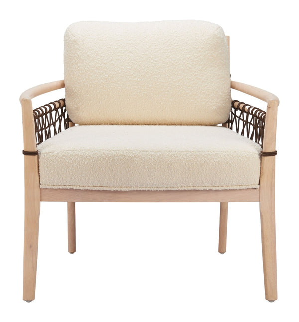 Wezly Modern Ivory Lounge Chair - Textured Fabric and Whitewashed Rubberwood for Stylish Comfort