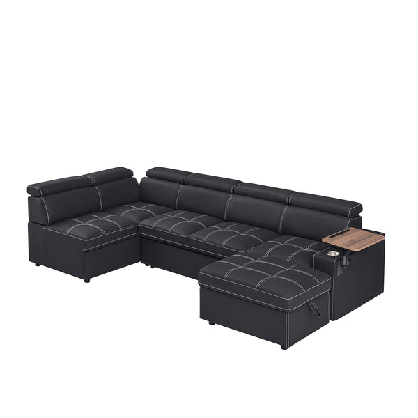English Elm Black Fabric Sectional Sofa Bed with Storage Ottoman, Pocket Spring Seats, Solid Wood Frame, Modern Durable Design W588S00075