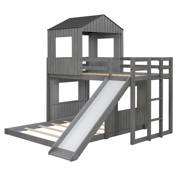 English Elm Wooden Twin Over Full Bunk Bed Farmhouse Playhouse Slide Pinewood Kids Loft LT000328AAE