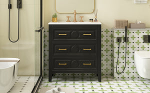 English Elm 30'' Bathroom Vanity with Ceramic Sink, Solid Wood Frame Retro Style Vanity with 3 Drawers & Gold Handles Black N710P246209B