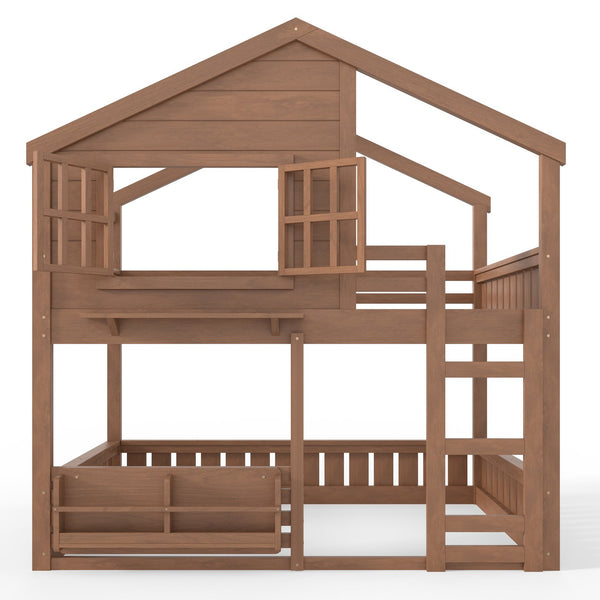 English Elm Full Bunk Bed with Trundle Bookshelf Storage Pine Frame Car Design for Kids Natural W1580S00522