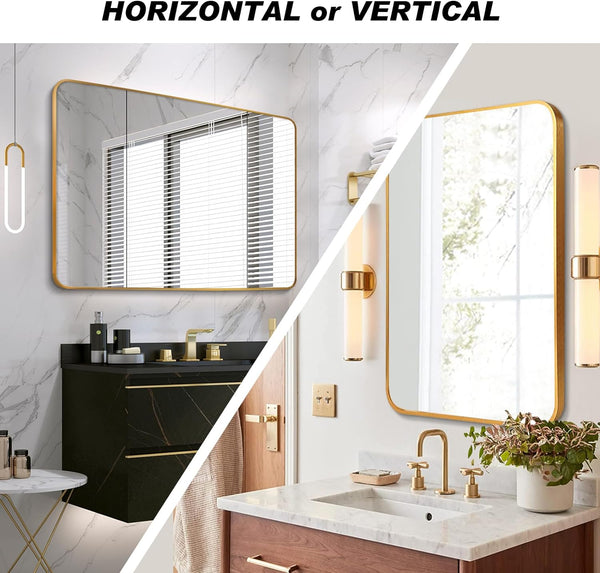 English Elm 30x40 Inch Metal Framed Rectangular Bathroom Mirror 4mm HD Glass Shatterproof Film Modern Design Gold W2203P303034