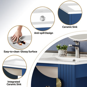 English Elm 20-inch French Style Bathroom Vanity with Integrated Ceramic Sink, Carved Accents & Soft-Close Door Blue N710P330971C