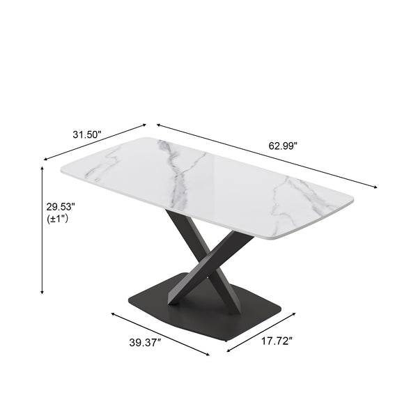English Elm 63"Modern Elegant White Sintered Stone Dining Table With Black Metal Legs - Seats 6 Comfortably W1535S00534