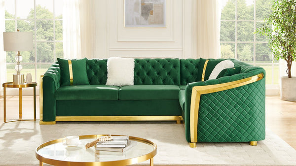 English Elm 106 Inch Velvet Tufted Chesterfield Sectional with Gold Steel Legs for Large Living Rooms Green W1191S00127