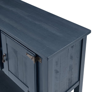 English Elm 46'' Solid Pine Retro Buffet Server with Iron Hardware Drawers Cabinets and Open Shelf Navy Blue W1202P457252