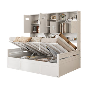 English Elm Full Size Wooden Daybed With Hydraulic Lift, Integrated Storage Cabinet & Stylish Shelving, White N820S00047K